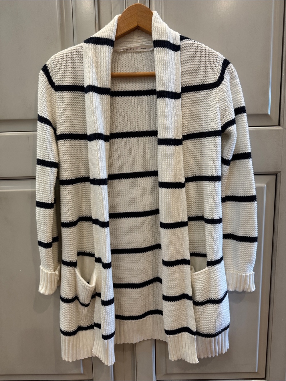 Athleta White & Navy Striped Open-Front Knit Cardigan